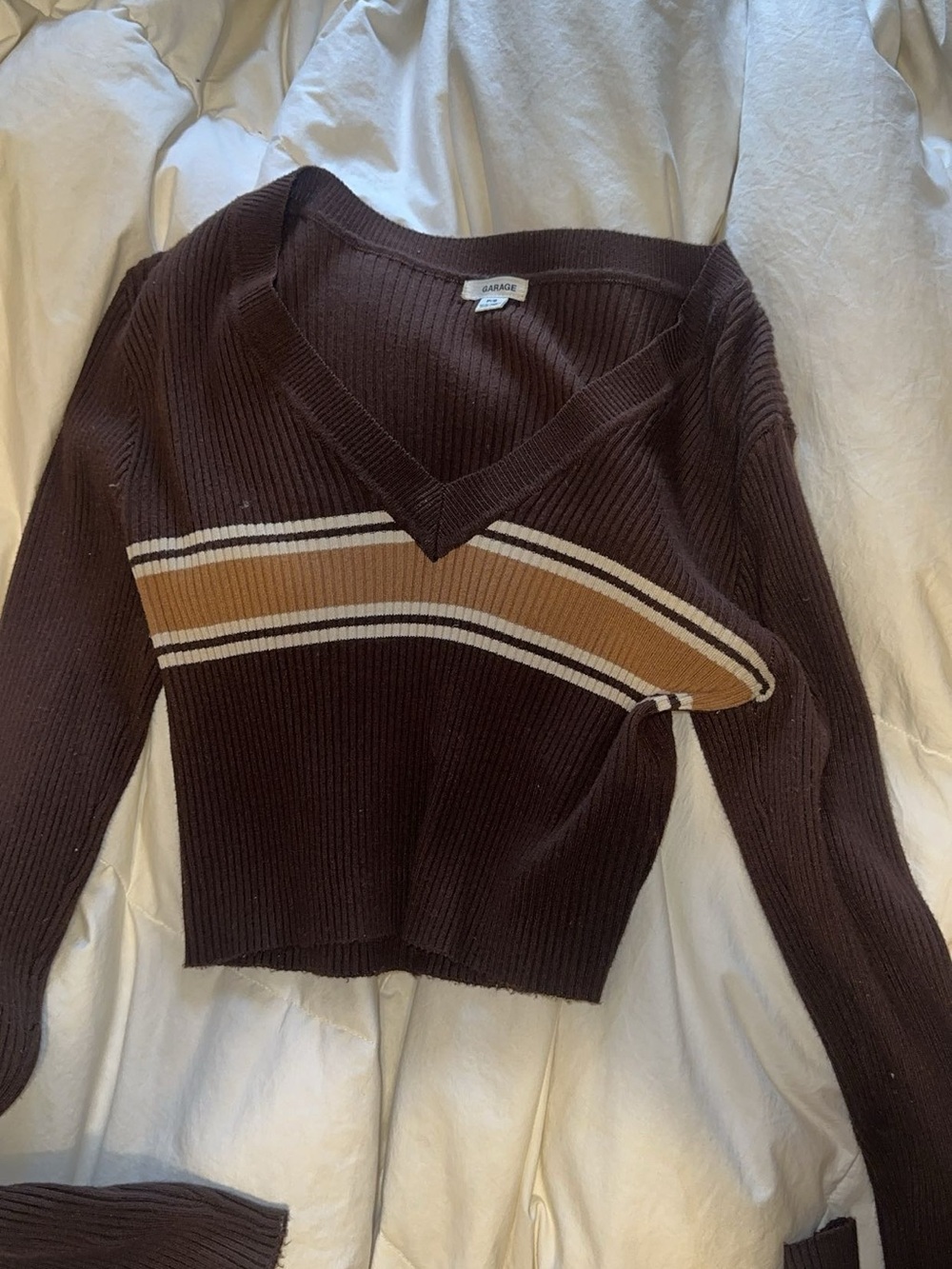 Garage Women's Dark Brown V-Neck Ribbed Sweater with Tan and Cream Stripes